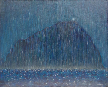 基隆夜雨(嶼)：夜裡，基隆嶼獨自地，靜靜地在絲絲細雨裏屹立不搖，堅定地在北方守護著臺灣子民。