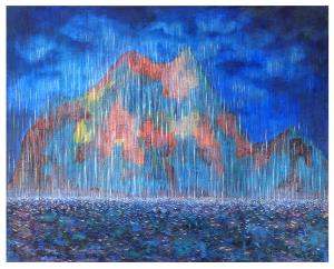 基隆白雨(嶼)：滂沱大雨下的基隆嶼，白茫茫的一片，但仍然無法遮掩其有如寶石般的光彩，呈現出臺灣人勤奮的精神。